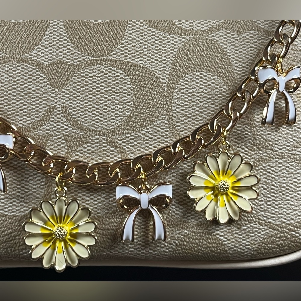 Bag Charm Chain in Gold Tone with Yellow Flowers and White Bow Ties - Picture 2 of 7